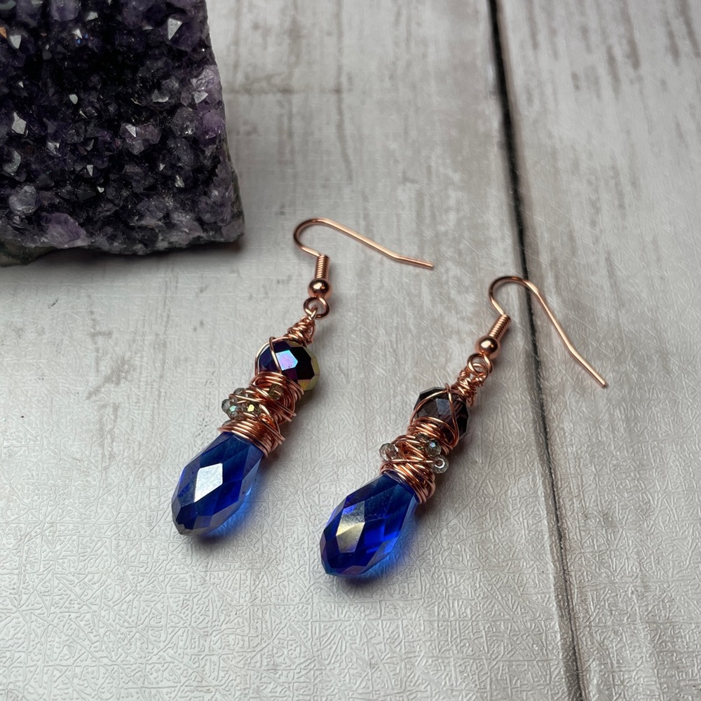 Blue Austrian Crystal Hammered Copper Chaos Wrapped Earrings Artisan Designed - Picture 13 of 17